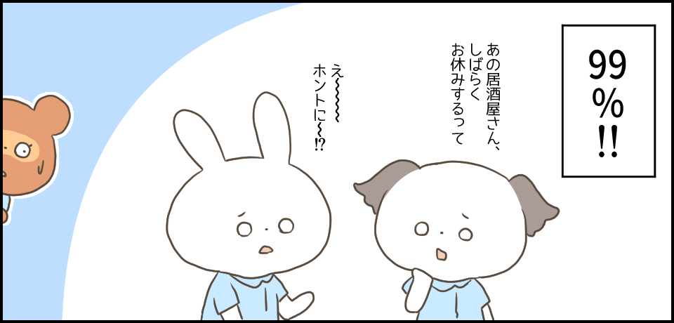 99%!!「あの居酒屋さん、しばらくお休みするって」「え~~ホントに~!?」