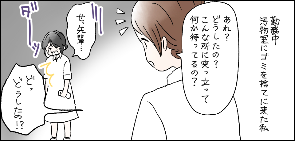 勤務中汚物室にゴミを捨てに来た私「あれ?どうしたの?こんなところに突っ立って何か待ってるの?」「せ、先輩・・・」ダーッ「どっどうしたの!?」