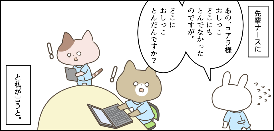 先輩ナースに「あの、コアラ様おしっこどこにもとんでなかったのですが。どこにおしっことんだんですか?」と私が言うと。