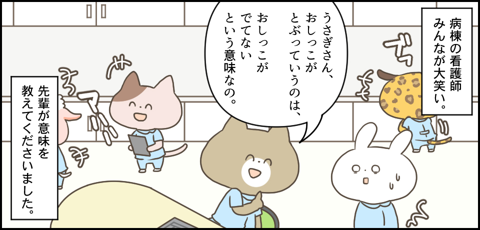 病棟の看護師みんなが大笑い。「うさぎさん、おしっこがとぶっていうのはおしっこが出てないと言う意味なの。」ブフ アハハ 「先輩が意味を教えてくださいました。」