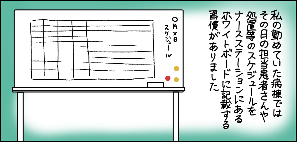 私の務めていた病棟ではその日の担当患者さんや処置等のスケジュールをナースステーションにあるホワイトボードに記載する習慣がありました ○月×日スケジュール