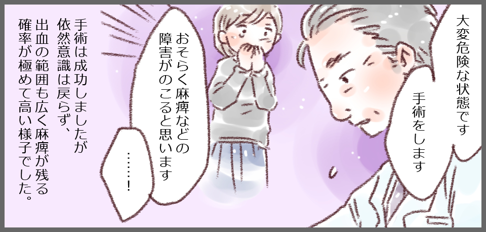 「大変危険な状態です。手術をします」「おそらく麻痺などの障害がのこると思います」「・・・!」手術は成功しましたが依然意識は戻らず、出血の範囲も広く麻痺がのこる確率が極めて高い様子でした。