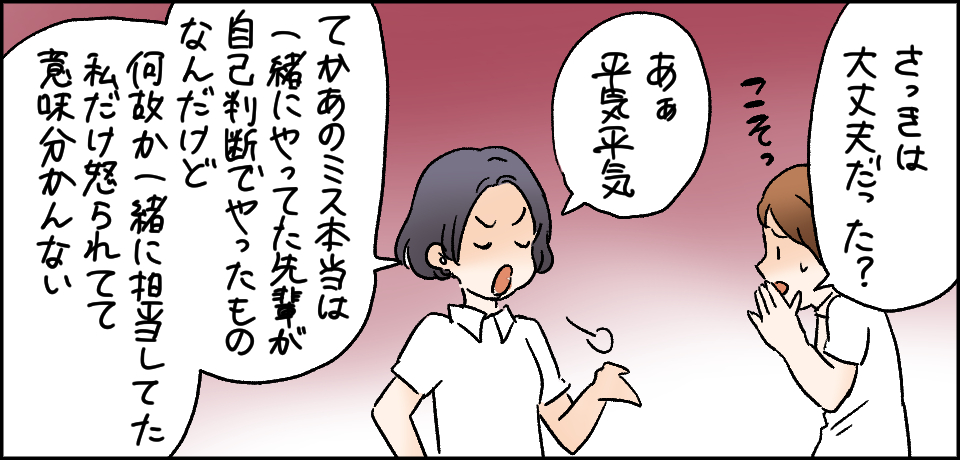 「さっきは大丈夫だった?」こそっ「あぁ平気平気」「てかあのミス本当は一緒にやってた先輩が自己判断でやったものなんだけど何故か一緒に担当してた私だけ怒られて意味分かんない」