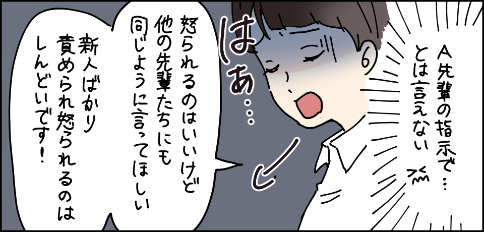 「A先輩の指示で・・・とは言えない」はあ・・・「怒られるのはいいけど、他の先輩たちにも同じように言ってほしい 新人ばかり責められるのはしんどいです!」