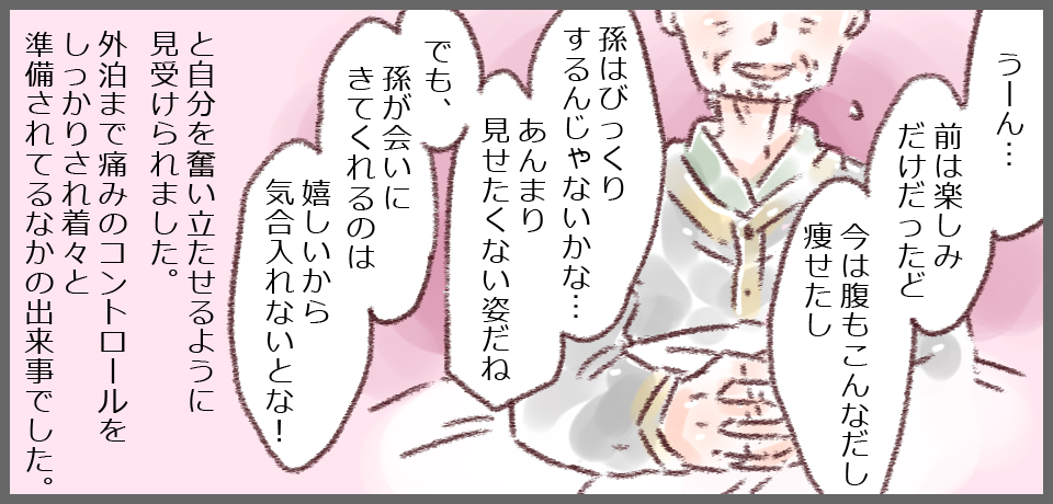「うーん!前は楽しみだけだったけど今は腹もこんなだし痩せたし」「孫はびっくりするんじゃないかな・・・あまり見せたくない姿だね」「でも、孫が会いに来てくれるのは嬉しいから気合入れないとな!」と自分を奮い立たせるように見受けられました。外泊まで痛みのコントロールをしっかりされ着々と準備されている中の出来事でした。