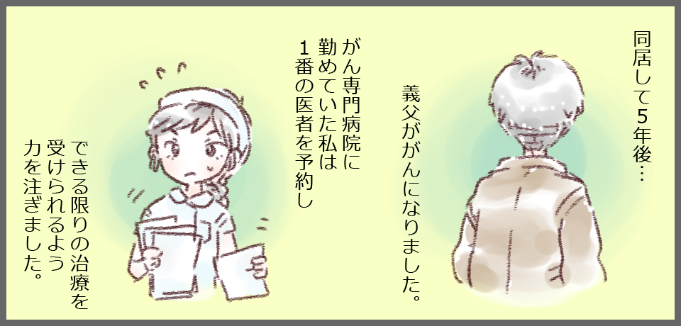 同居して5年後・・・義父ががんになりました。がん専門病院に勤めていた私は1番の医者を予約し、できる限りの治療を受けられるよう力を注ぎました。