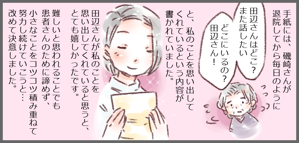 手紙には、磯崎さんが退院してから毎日のように「田辺さんはどこ?また話したいどこにいるの?田辺さん!」と、私のことを思い出してくれているという内容が書かれていました。田辺さんが私のことを思い出してくれていると思うと、とても嬉しかったです。難しいと思われることでも患者さんのために諦めず、小さなことをコツコツ積み重ねて努力し続けていこうと・・・改めて決意しました。