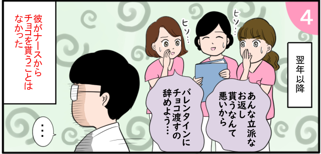 翌年以降 「あんな立派なお返し貰うなんて悪いから」「バレンタインにチョコ渡すの辞めよう・・・」彼がナースからチョコを貰うことはなかった「・・・」