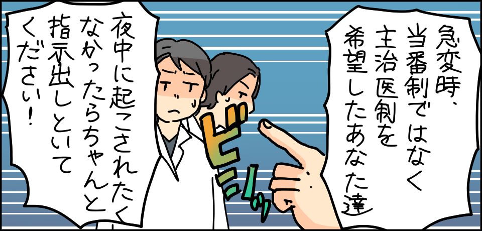 急変時、当直制ではなく、主治医制を希望したあなた達 夜中に起こされたくなかったらちゃんと指示出しといてください!
