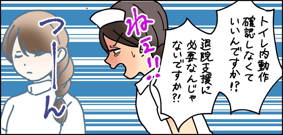 「トイレ内動作確認しなくていいんですか!?退院支援に必要なんじゃないんですか?!」ねぇ!!つーん